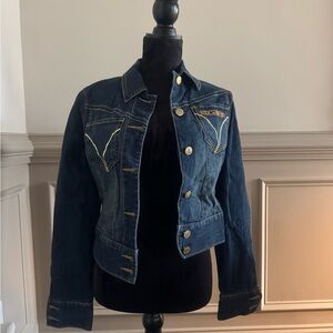 Rocawear Women's Dark Blue Jean Jacket with Gold Accents Y2K